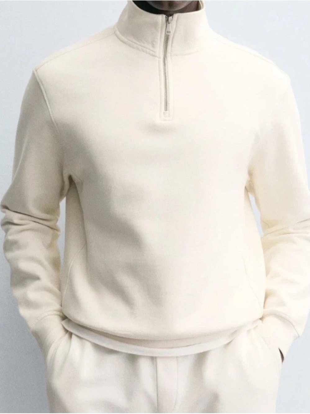 NEW ZARA Men's Ivory Fleece Pullover Sweatshirt XXL 1/4 Zip Mock Neck LongSleeve